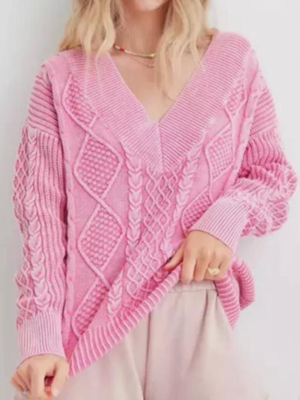 aerie Pink V-Neck Cable Knit Sweater